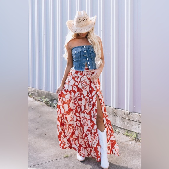 NWT Angie Floral Tropical Print Side Front Slit Long Maxi Skirt Clay - Picture 3 of 10